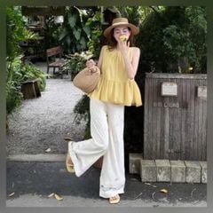 VGU0124-Set áo babydoll cột nơ sau lưng , quần hoa thêu phối ren CC