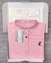 KS0630-Set áo sơ mi hồng thêu micky, quần dài CC Kem (2món)