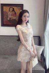 VGU0145-Đầm ren lệch vai đính hoa Kem
