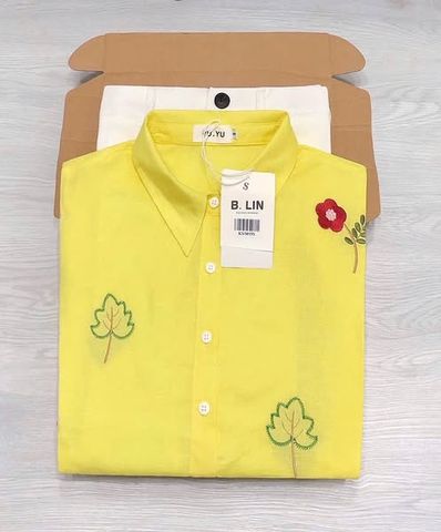 KS5095-Set linen CC áo sơ mi thêu hoa, CV dài Trắng (áo vàng)