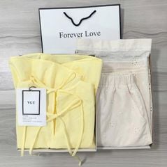 VGU0124-Set áo babydoll cột nơ sau lưng , quần hoa thêu phối ren CC