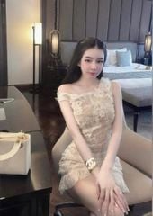 VGU0145-Đầm ren lệch vai đính hoa Kem