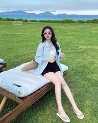 KS0644-Set 3 Món (áo sơ mi Xanh +áo thun 2dây+quần short kaki Đen)