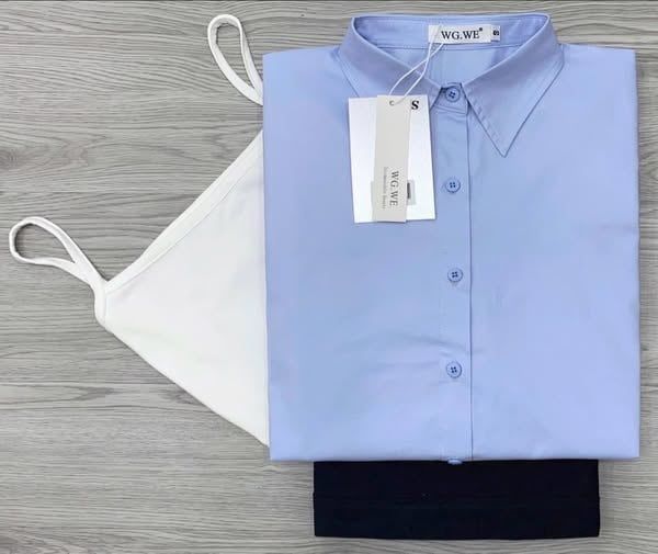 KS0644-Set 3 Món (áo sơ mi Xanh +áo thun 2dây+quần short kaki Đen)