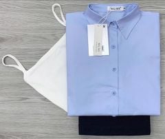 KS0644-Set 3 Món (áo sơ mi Xanh +áo thun 2dây+quần short kaki Đen)