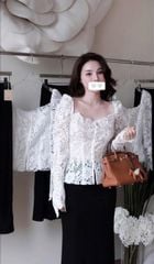 VGU0115-Set áo ren hoa nút ngọc CC, CV dài Đen