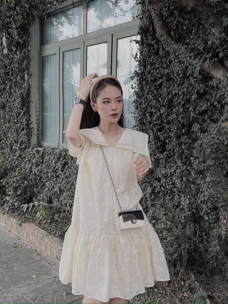 KS0640-Đầm suông xô thêu CC cổ thủy thủ Trắng