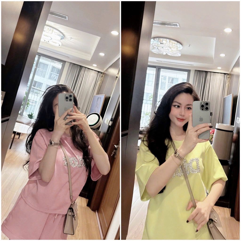 KS0637-Set thun áo dior đính hạt, quần short Hồng