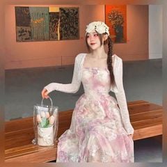 VGU0139-Set đầm hoa thêu chỉ nổi+ áo khoác CC