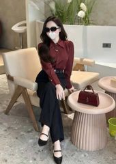 SKY8165-Set công sở áo sơ mi đỏ, quần suông Đen