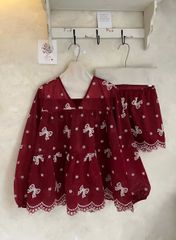 VRA0589-Set áo babydoll cổ V+quần short thêu họa tiết nơ Đỏ (kèm áo 2dây)