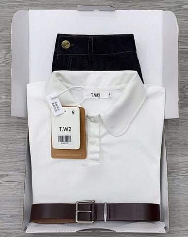 KS0614- Set áo thun trắng cổ sen, quần short jean +nịt