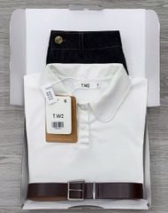 KS0614- Set áo thun trắng cổ sen, quần short jean +nịt