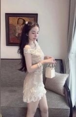 VGU0145-Đầm ren lệch vai đính hoa Kem