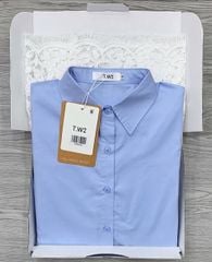KS0663-Set áo sơ mi xanh, CV ren hoa CC Trắng (2món)