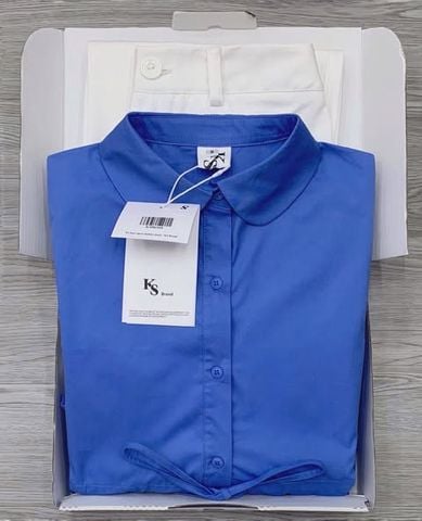 KS0656-Set áo sơmi cổ sen lai nhúng bèo, quần jean Trắng