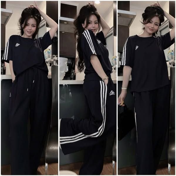 VRA0588-Set thể thao áo+quần thêu chữ phối sọc Đen