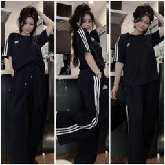 VRA0588-Set thể thao áo+quần thêu chữ phối sọc Đen