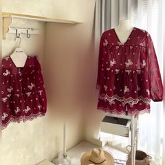 VRA0589-Set áo babydoll cổ V+quần short thêu họa tiết nơ Đỏ (kèm áo 2dây)