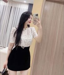 TQ4202-Set áo thêu hoa lỗ, CV ngắn Đen