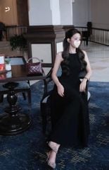 TQ1787-Đầm dài viền cổ đính đá CC Đen