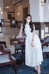 TQ1788-Đầm dài viền cổ đính đá CC Trắng