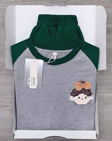 KS0661-Set áo thun xám phối tay in hình, quần short Xanh
