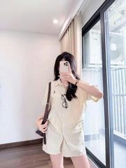 TQ4210-Set áo sơ mi tay ngắn thêu ngựa, quần short Kem