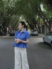 KS0656-Set áo sơmi cổ sen lai nhúng bèo, quần jean Trắng