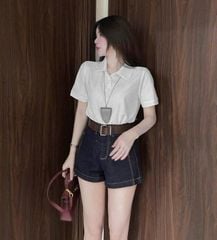 KS0614- Set áo thun trắng cổ sen, quần short jean +nịt