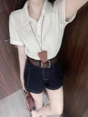 KS0614- Set áo thun trắng cổ sen, quần short jean +nịt