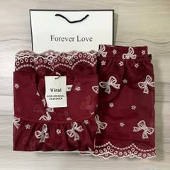 VRA0589-Set áo babydoll cổ V+quần short thêu họa tiết nơ Đỏ (kèm áo 2dây)