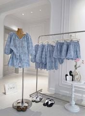 KS0658-Set thêu hoa lỗ ao phối nút, quần short Hồng