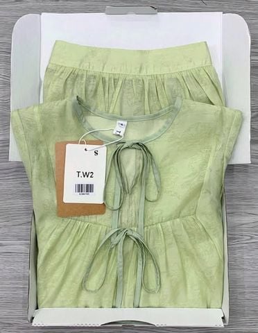KS0670-Set tơ họa tiết in hoa áo cột nơ, CV dài  Xanh