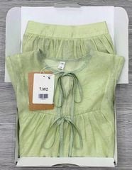 KS0670-Set tơ họa tiết in hoa áo cột nơ, CV dài  Xanh