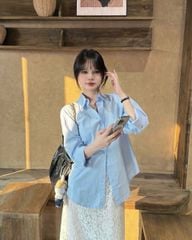 KS0663-Set áo sơ mi xanh, CV ren hoa CC Trắng (2món)