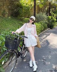KS0667-Set 3 Món (áo sơ mi hồng+áo thun 2dây+quần short kaki kem)