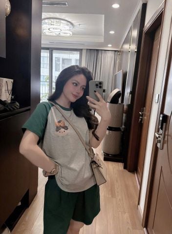KS0661-Set áo thun xám phối tay in hình, quần short Xanh