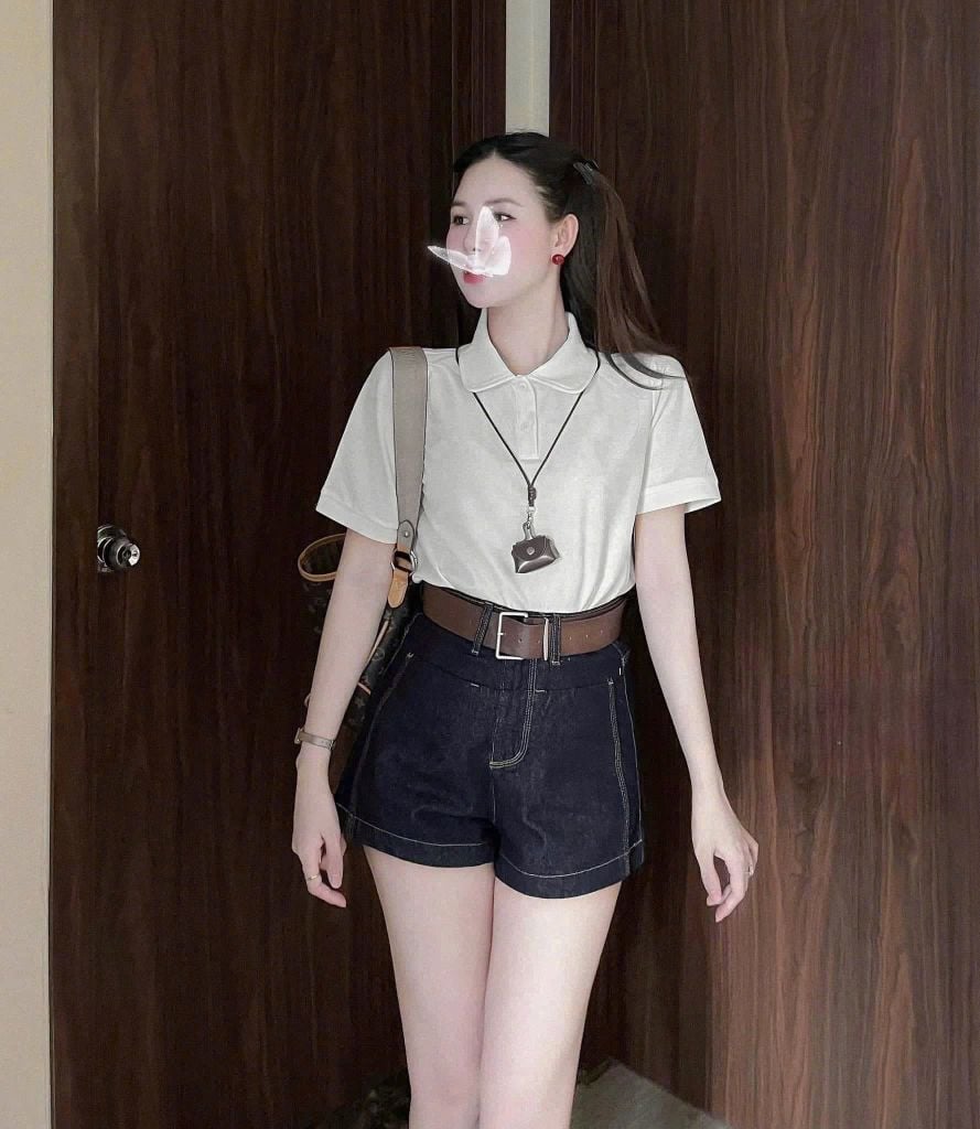 KS0614- Set áo thun trắng cổ sen, quần short jean +nịt