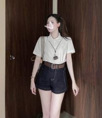 KS0614- Set áo thun trắng cổ sen, quần short jean +nịt