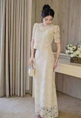 TQ1782-Set ren hoa CC áo viền cổ đính đá, CV dài Kem