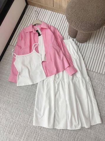 VGU0149-Set 3 món (áo sơ mi hồng, áo thun 2dây, CV dài Trắng)