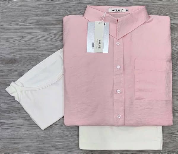 KS0667-Set 3 Món (áo sơ mi hồng+áo thun 2dây+quần short kaki kem)