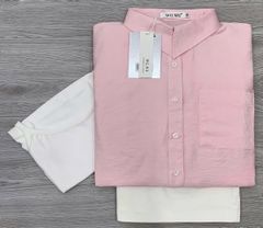 KS0667-Set 3 Món (áo sơ mi hồng+áo thun 2dây+quần short kaki kem)