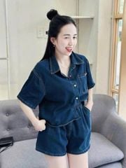 VGU0195-Set jean, áo sơ mi nút sắc màu+quần short Xanh Đậm