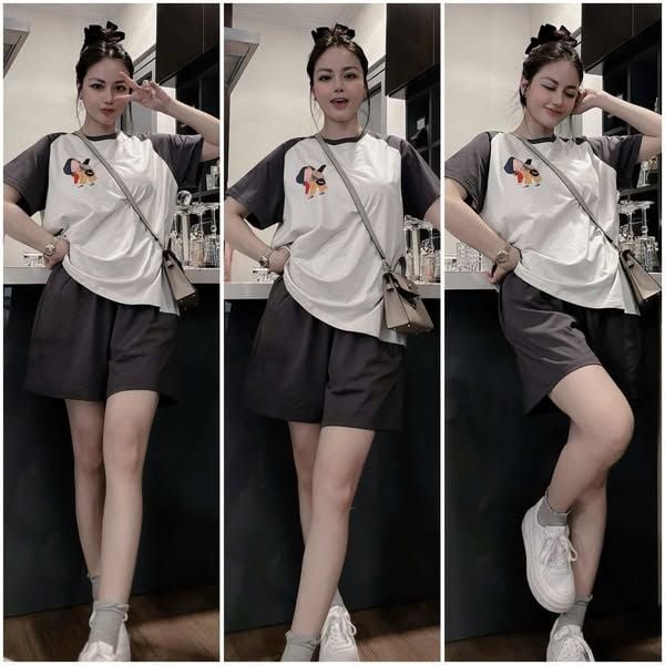 KS0661-Set áo thun xám phối tay in hình, quần short Xanh