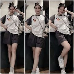 KS0661-Set áo thun xám phối tay in hình, quần short Xanh