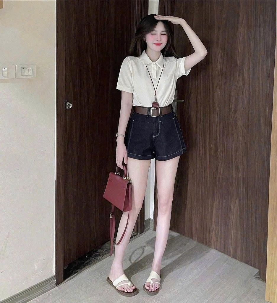 KS0614- Set áo thun trắng cổ sen, quần short jean +nịt