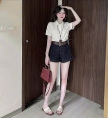 KS0614- Set áo thun trắng cổ sen, quần short jean +nịt