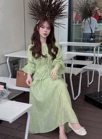 KS0670-Set tơ họa tiết in hoa áo cột nơ, CV dài  Xanh